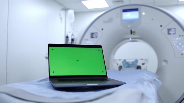 Chroma key laptop in a CT imaging room for adding a medical interface, application or advertising content.