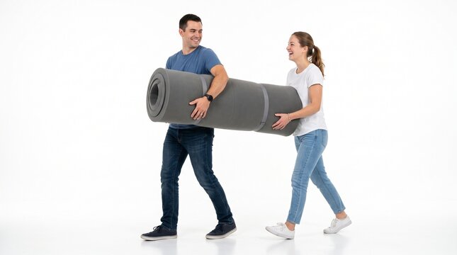 Happy Couple Carrying Rolled Up Camping Sleeping Pad Together on White Background