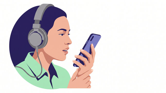 Young woman using language learning app with headphones  