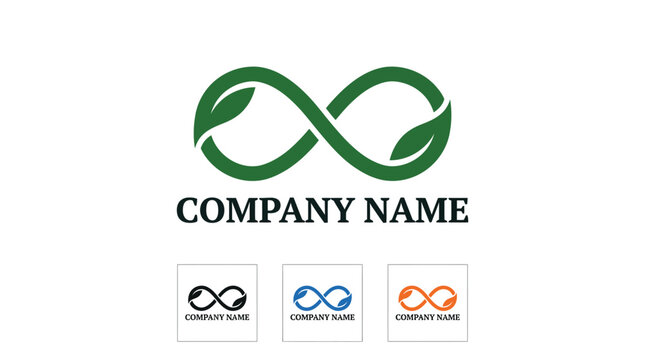 Green infinity loop leaf logo design featuring elegant typography and modern minimalist branding elements