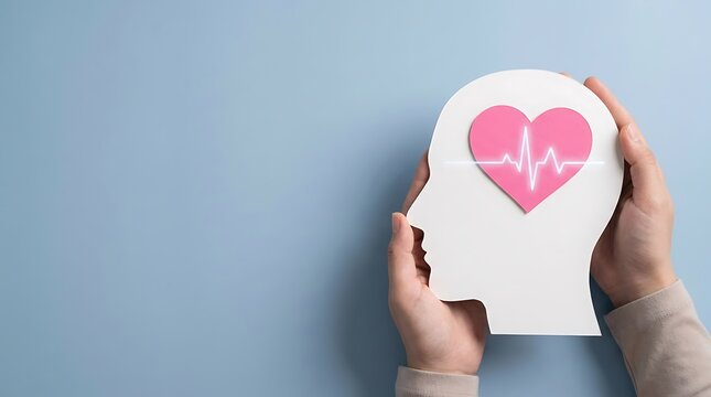 World mental health day mental health awareness mental health Hands cradling a white head silhouette with a pink heart and heartbeat line inside holding