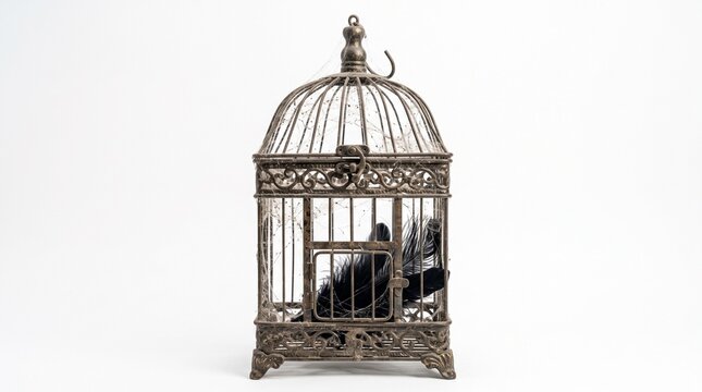 Ornate vintage birdcage with black feathers and cobwebs on a white background