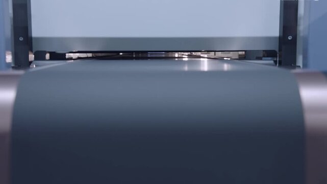 Close-up of rotating turbine rotor and belt drive mechanism inside precision manufacturing facility under blue industrial lighting with fast motion blur