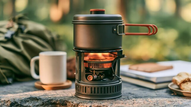 Camping stove cooking food outdoors on a stone table