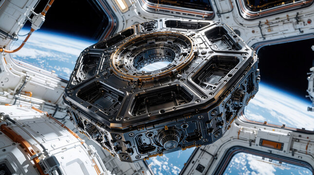Futuristic space station module floats in orbit above Earth. Advanced spacecraft control panel with metallic parts, complex engineering. High tech orbital station interior shows industrial design for