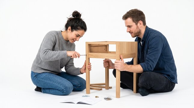 Couple assembling flat pack furniture together on a white background, focused on teamwork and DIY