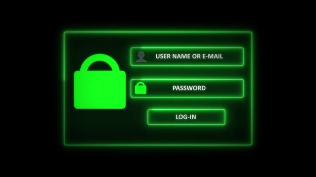 Login screen animation displays username and password boxes. Digital account access authorization clears on login screen. Secure web user authentication guards screen.