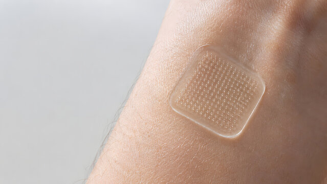 Transparent square microneedle patch rests on the skin near a wrist, with rounded corners and evenly spaced dots clearly visible in a close view against a softly blurred light gray background.