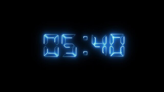 Digital clock animation displays numeric timestamp telemetry. Chronological time management schedules track on digital clock. Precision countdown schedules run on clock.