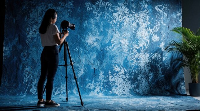 Female videographer uses pro camera on tripod in studio. Woman wearing headphones records video against textured blue backdrop. Content creator works with filming equipment for media production. Pro