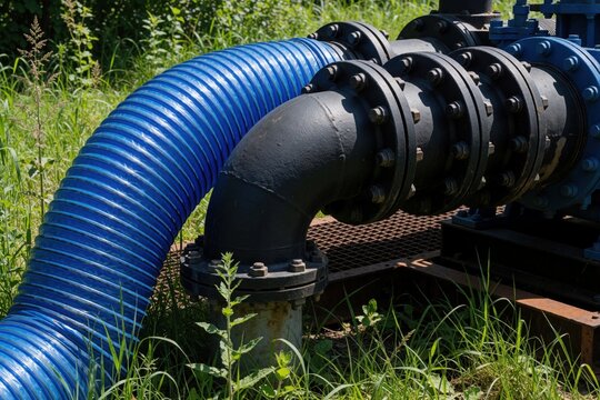 Industrial dewatering pump with blue flexible hose, black metal pipes on grass. Heavy duty equipment manages flood water drainage in outdoor rural area. Large diameter tubes connect to machinery for