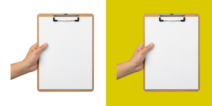 A hand holding a wooden clipboard with a blank white paper document sheet
