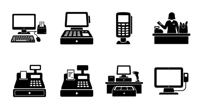 Cash register and point of sale silhouettes for retail and shopping, payment terminal and cashier