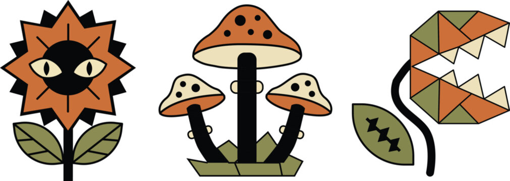 Set of cute vector illustrations featuring fantasy plants, mushrooms, and a geometric carnivorous plant on a white background.