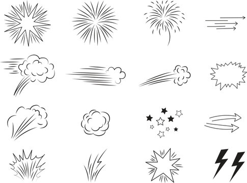 Collection of comic book action speed lines, explosions, dust clouds and motion effects