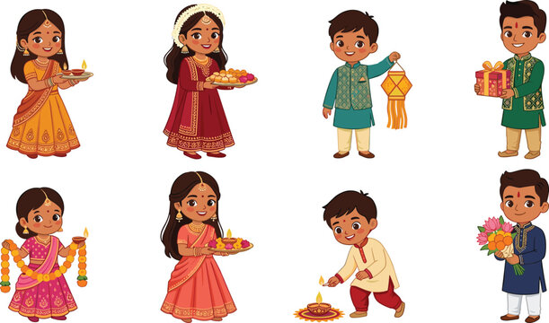 Indian Diwali Celebration Character Collection with Traditional Women, Men, Diyas, Gifts, Sweets, Flowers and Festive Cultural Elements