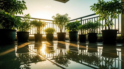 Fototapeta premium Many potted plants stand on sunny balcony with wet tiled floor. Greenery in ceramic pots creates mini garden under bright morning sun. Reflections of leaves, sunlight show on shiny terrace surface