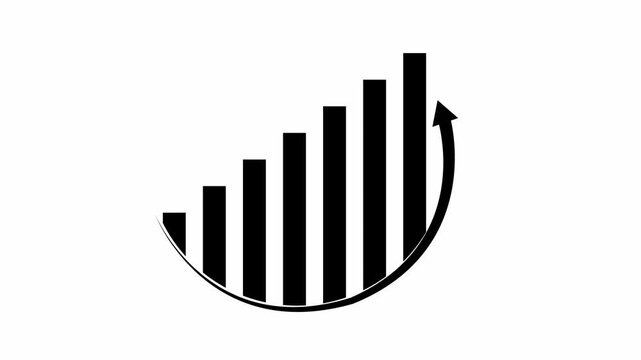Bar graph animation shows an upward rising arrow on clean space. Corporate business revenue success tracks on bar graph. Profitable investment drives bar graph.