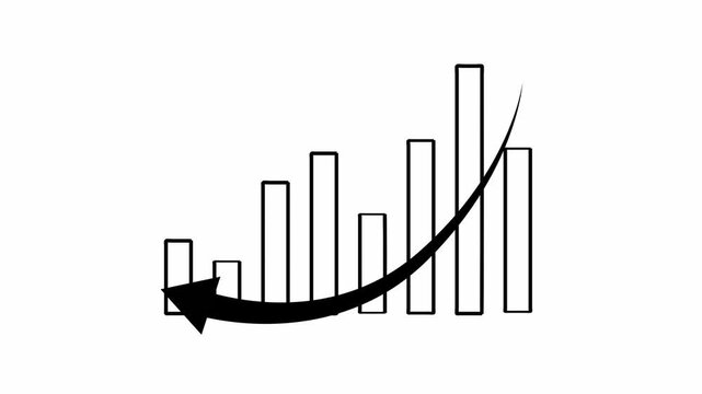 Bar graph animation displays falling metrics with a downward arrow. Financial market loss reflects on active bar graph. Negative economic performance marks chart.