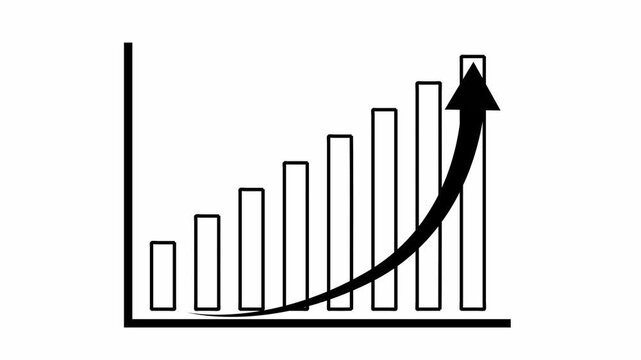 Bar graph animation displays vertical columns and an upward arrow. Financial market performance analytics track on bar graph. Profitable trading drives the graph.