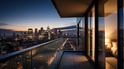 Fototapeta premium Modern balcony view of city skyline at dusk. Urban landscape with tall skyscrapers, bright lights under twilight sky. Quiet evening on high floor apartment terrace overlooks metropolitan traffic,