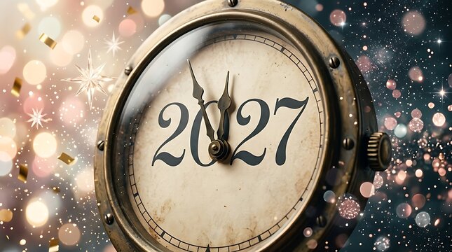 Happy new year 2027 new year 2027 celebration new year Vintage Clock Face Showing 2027 with Golden Confetti, Sparkles, and Bokeh Lights for New Year Celebration