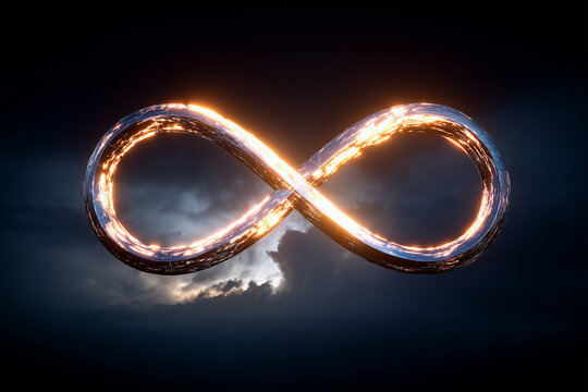 Glowing infinity symbol made of liquid metal floating in the dark night sky. Conceptual background with a bright endless loop sign illuminated with golden fire sparks.