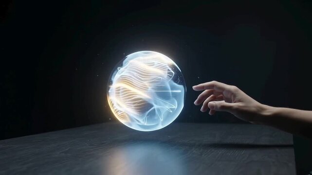 Glowing abstract digital energy sphere floating above a wooden table in a dark room digital art abstract technology glowing orb future science particle effect