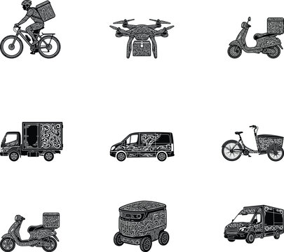 Black Silhouette Delivery Vehicles Set With Ornamental Swirl Patterns, Cyclist, Drone, Scooter and Van