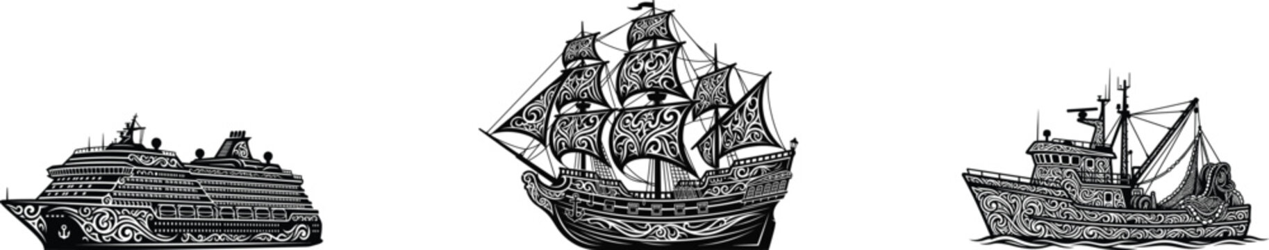 Black Silhouette Set of Cruise Ship, Sailing Galleon and Fishing Trawler Ornamental