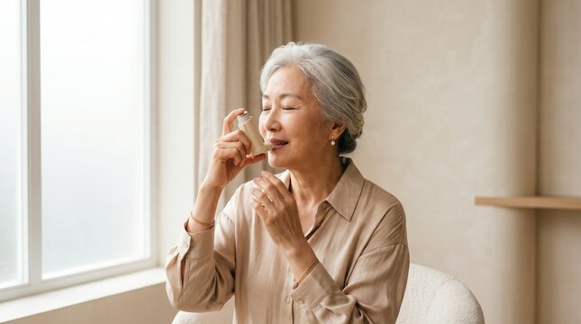 Senior Asian woman using medical asthma inhaler at home. Elderly female taking respiratory medication by window
