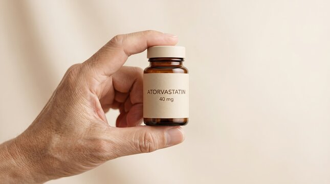Hand holding atorvastatin prescription pill bottle. Senior cardiovascular health and cholesterol medication concept