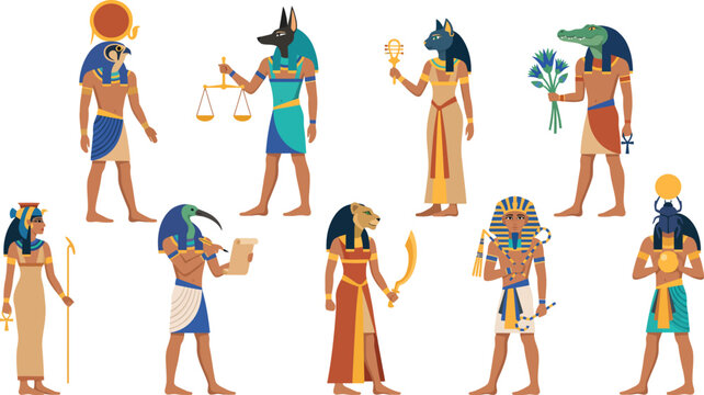 Colorful vector illustration set of ancient Egyptian gods and pharaoh characters