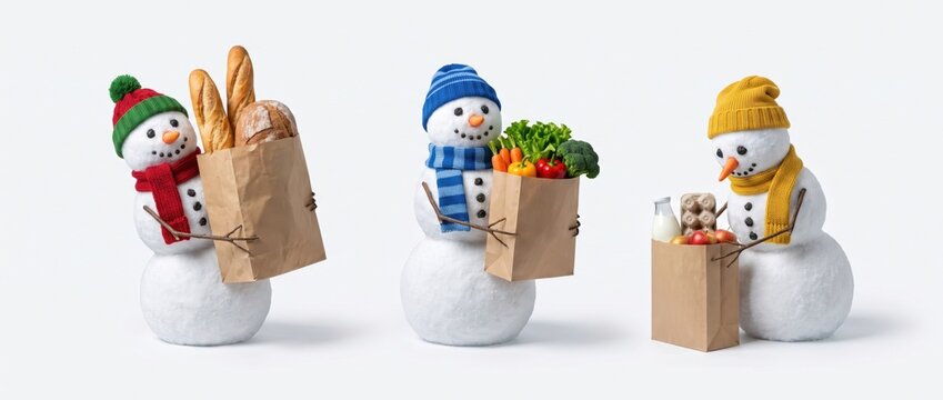 Three cute snowmen holding paper grocery bags with food. Winter promotion, supermarket Christmas advertising, sale and holiday grocery delivery promo banner concept.