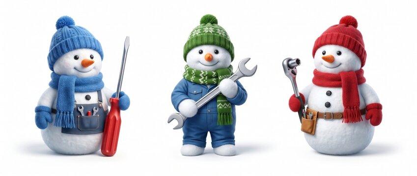 Set of 3D snowmen characters dressed as auto mechanics and handymen holding repair tools. Winter car service, home maintenance, website under construction page and holiday design asset collection isol