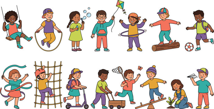 Colorful vector illustration set of children playing outdoor games and activities