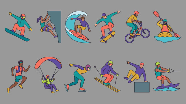 Colorful vector illustration set of extreme sports and outdoor action activities