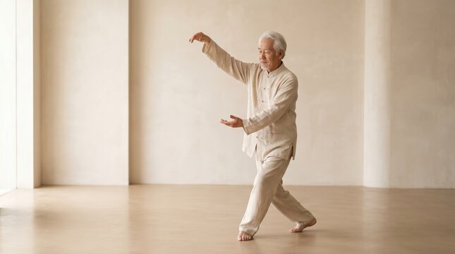 Senior Asian man practicing tai chi exercise in bright room. Active elderly male performing qigong martial arts