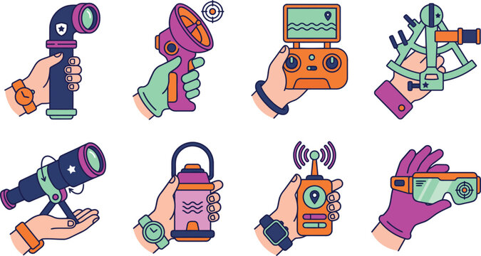 Colorful vector illustration set of navigation and exploration instruments held in hands