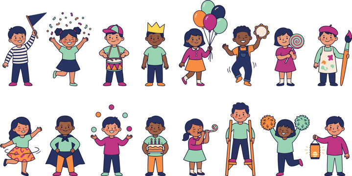 Colorful vector illustration set of happy children characters celebrating and playing