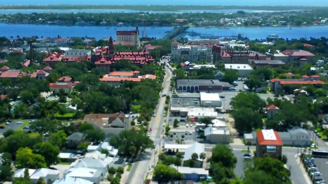 Tilt-shift Static drone view of downtown Saint Augustine Fl