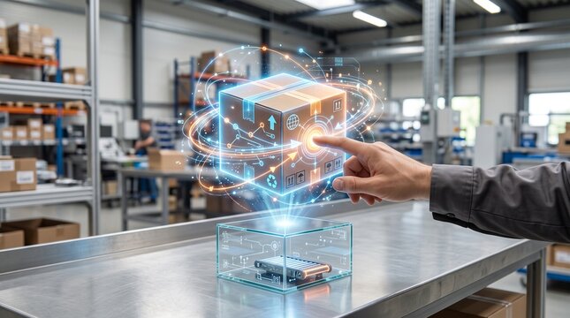 Smart Logistics Hologram with Cardboard Box Interface, Futuristic Supply Chain Management System, Automated Warehouse Distribution Technology