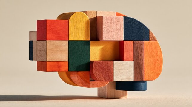 Wooden block brain creating colorful abstract human mind concept