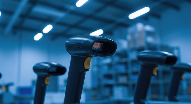 Modern industrial warehouse with black barcode scanners on blue stands under bright lighting