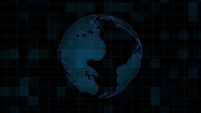 Digital globe animation displays continental landmasses with dots. Telecommunication networks route across digital globe. Global satellite data powers the globe.