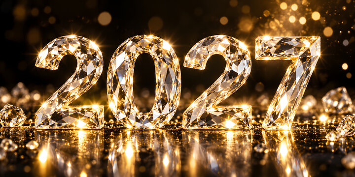 Luxurious 2027 crystal numbers with diamond-like facets, brilliant golden reflections and sparkling glitter on a dark background, creating an elegant premium New Year celebration concept.