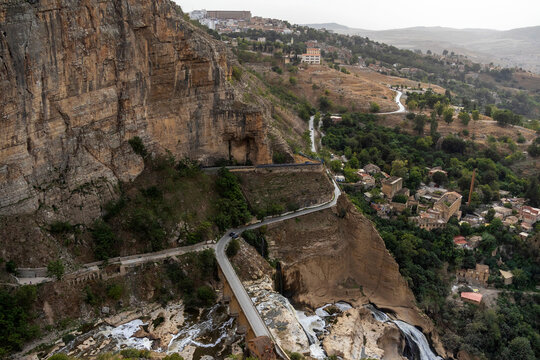 Aerial View of the Rhumel Gorge with Cliff Road Waterfall and Constantine Above