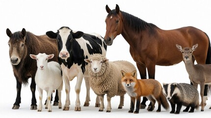 Obraz premium Group of different farm, wild animals stand in line on white background. Cow, horse, sheep, goat, fox, badger, deer pose together. Diverse species of domestic livestock, forest wildlife mammals