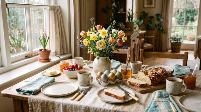Easter breakfast table with fresh food, spring flowers, and braided bread