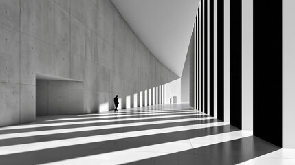 Obraz premium Monochrome brutalist corridor with rhythmic columns, dramatic shadows and solitary silhouette